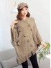 Soft Knitted Solid Poncho W/ Pom Pom & Fringes